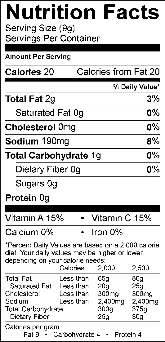Nutrition facts, with 9g serving size, 20 calories, 20 calories from fat