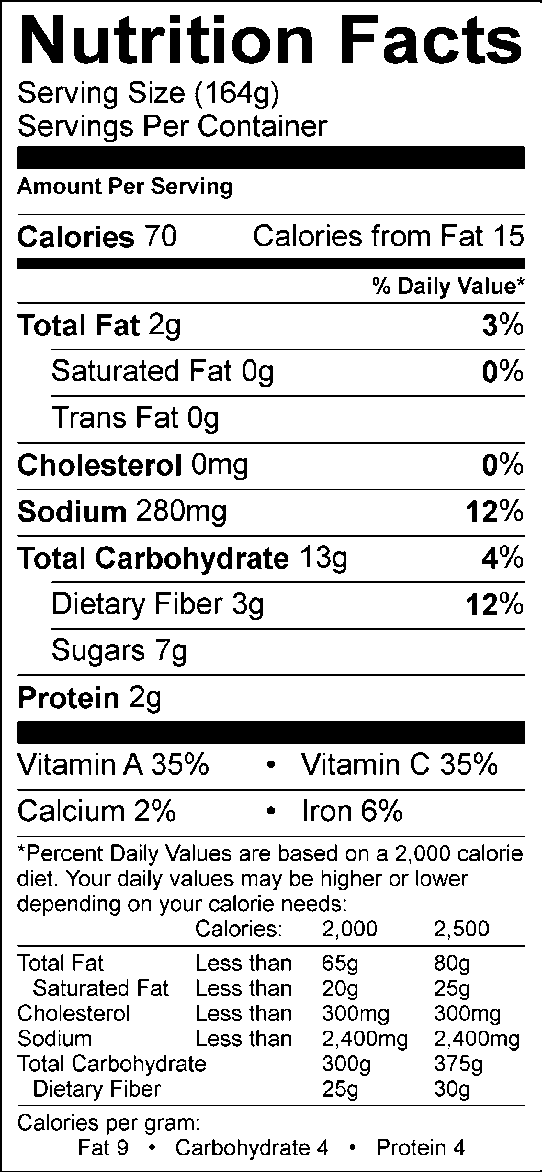Nutrition facts, with 164g serving size, 70 calories, 15 calories from fat