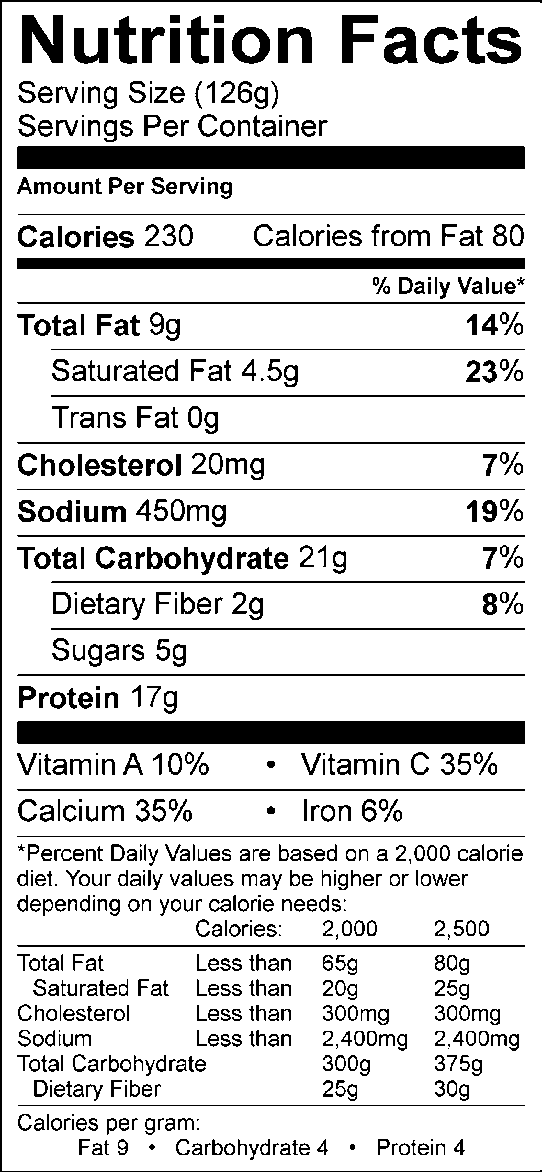 Nutrition facts, with 126g serving size, 230 calories, 80 calories from fat