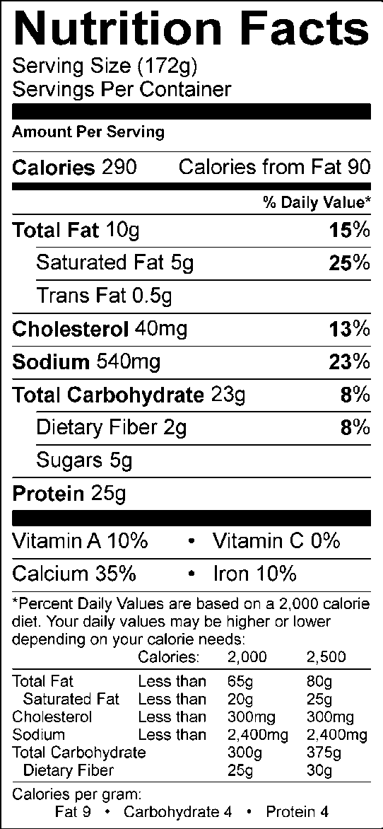 Nutrition facts, with 172g serving size, 290 calories, 90 calories from fat