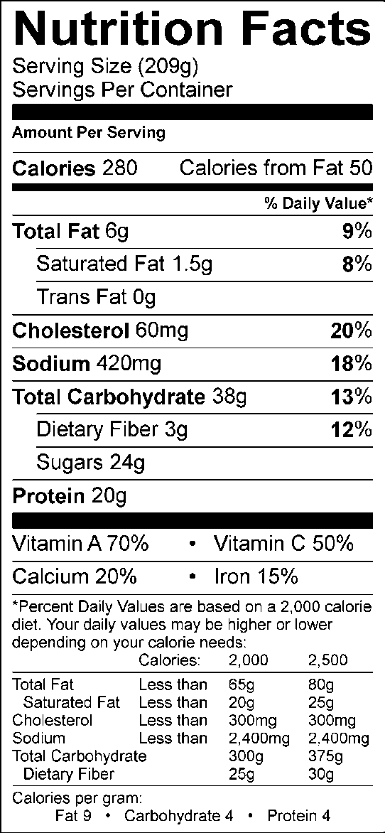 Nutrition facts, with 209g serving size, 280 calories, 50 calories from fat
