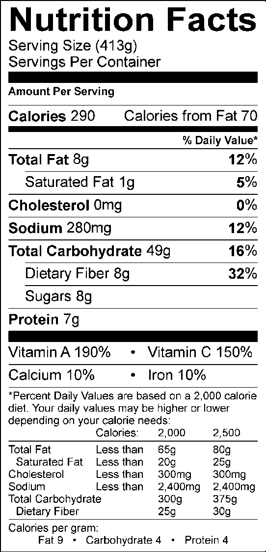 Nutrition facts, with 413g serving size, 290 calories, 70 calories from fat