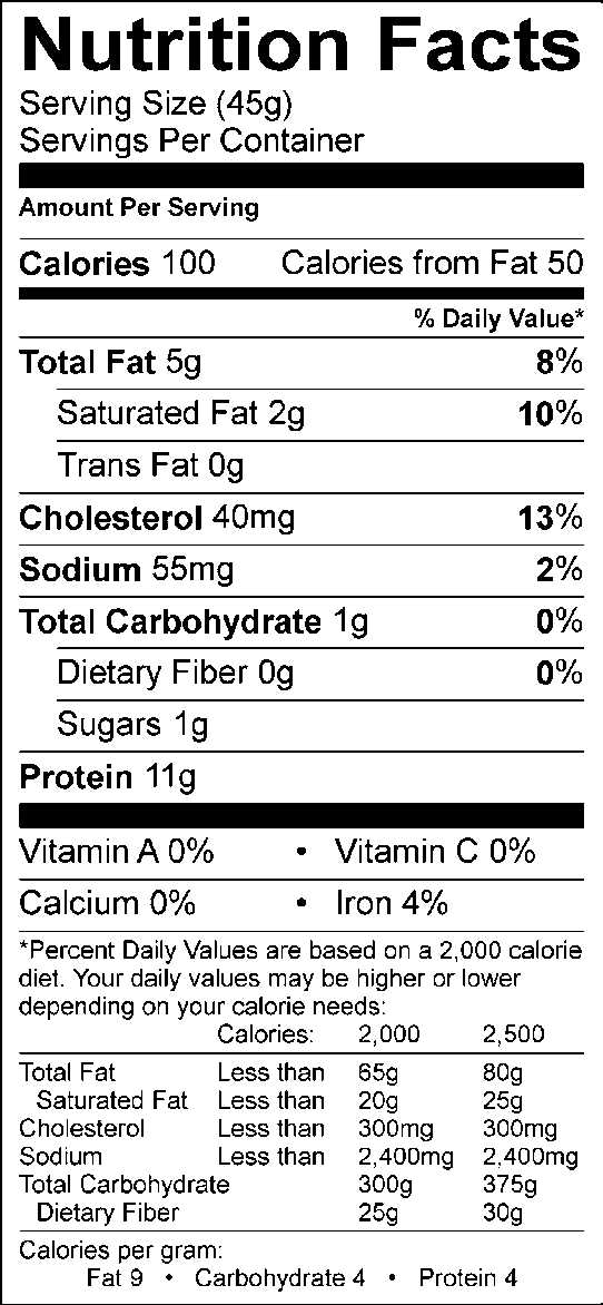 Nutrition facts, with 45g serving size, 100 calories, 50 calories from fat