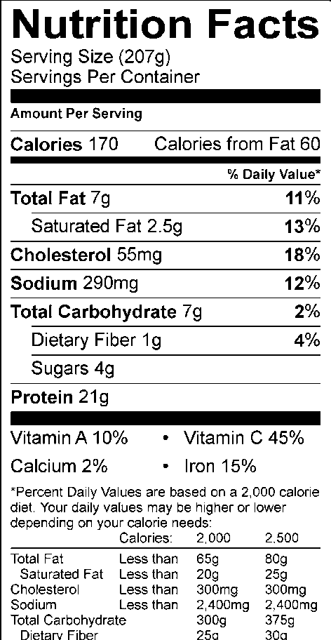 Nutrition facts, with 207g serving size, 170 calories, 60 calories from fat
