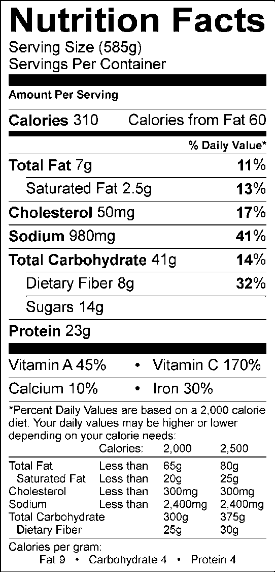 Nutrition facts, with 585g serving size, 310 calories, 60 calories from fat