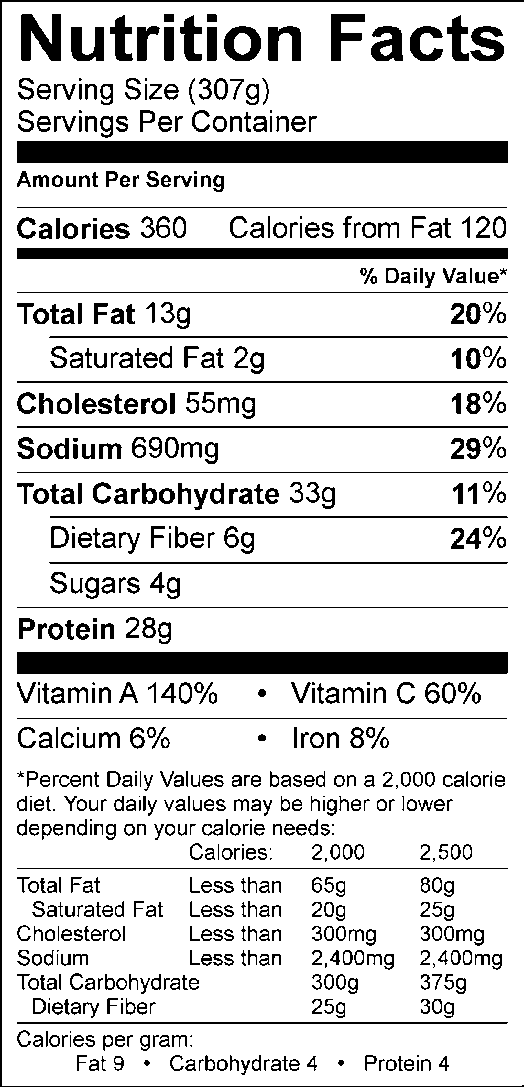 Nutrition facts, with 307g serving size, 360 calories, 120 calories from fat