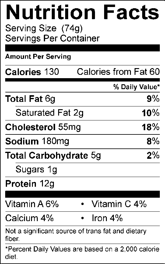 Nutrition facts, with 74g serving size, 130 calories, 60 calories from fat