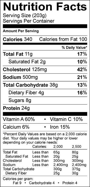 Nutrition facts, with 203g serving size, 340 calories, 100 calories from fat
