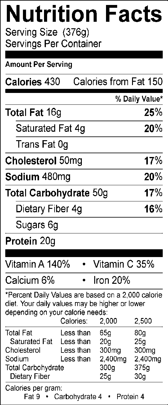 Nutrition facts, with 376g serving size, 430 calories, 150 calories from fat