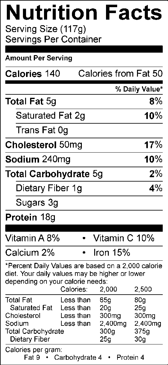 Nutrition facts, with 117g serving size, 140 calories, 50` calories from fat