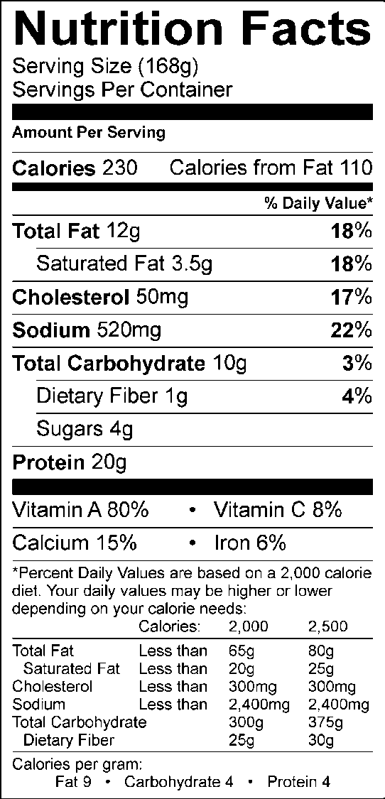 Nutrition facts, with 168g serving size, 230 calories, 110 calories from fat