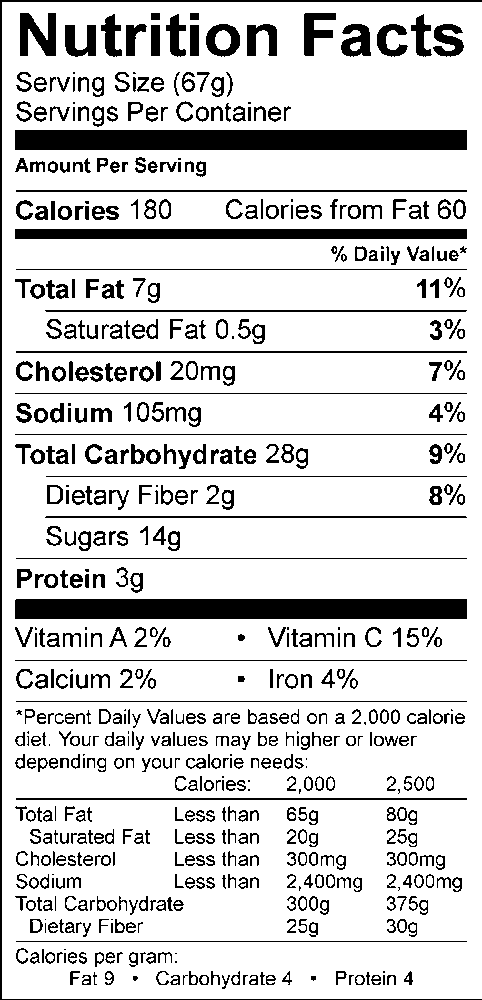 Nutrition facts, with 67g serving size, 180 calories, 60 calories from fat