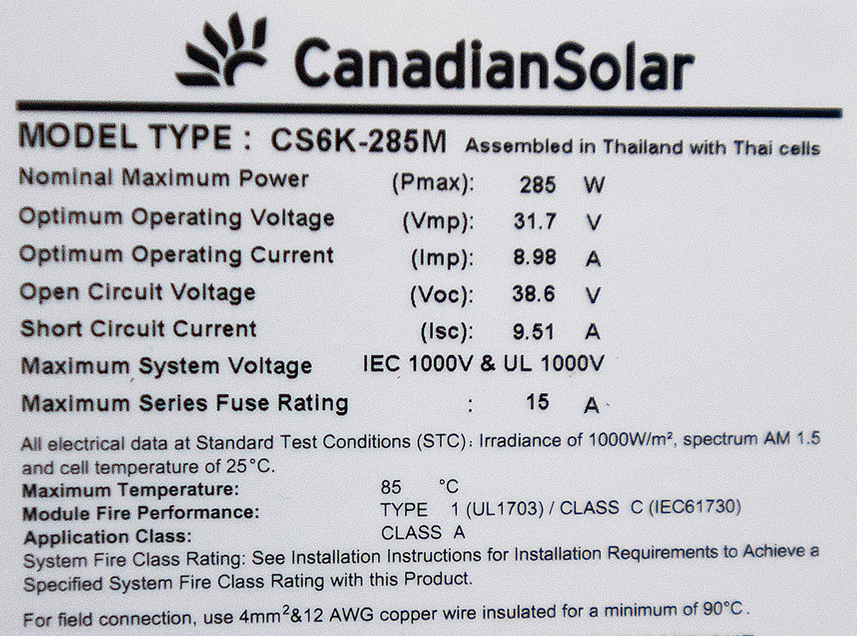 The module specifications found on the back of a Canadian Solar 285 Watt module.