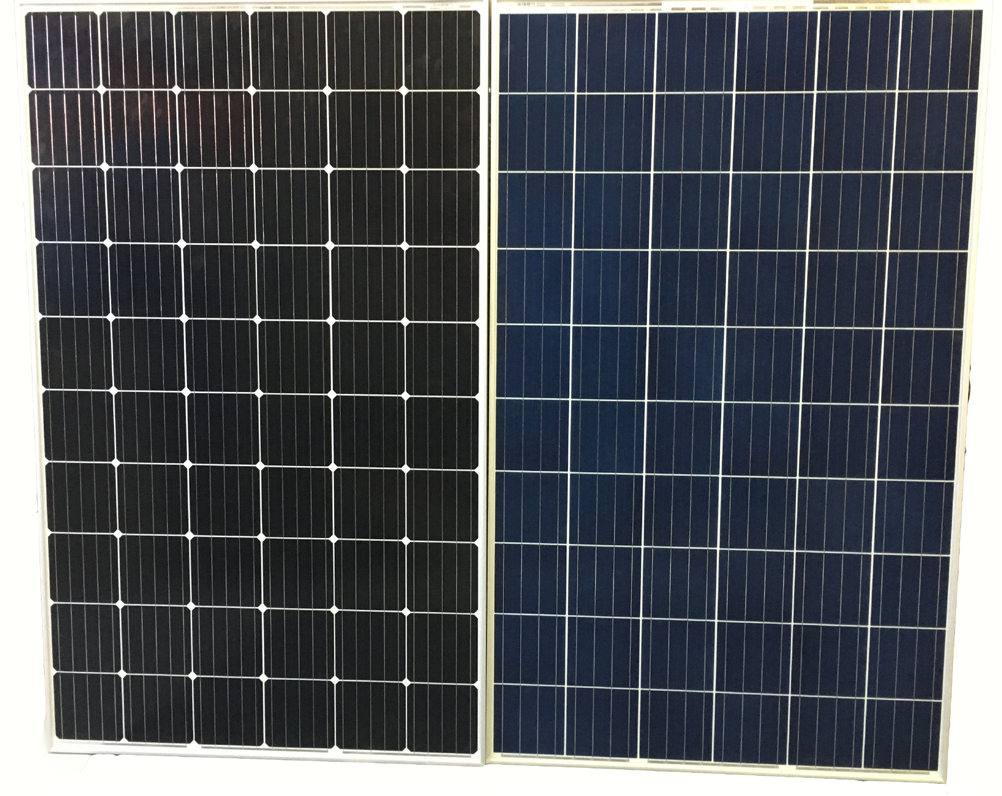 Monocrystalline silicon (left) and polycrystalline silicon (right) panels