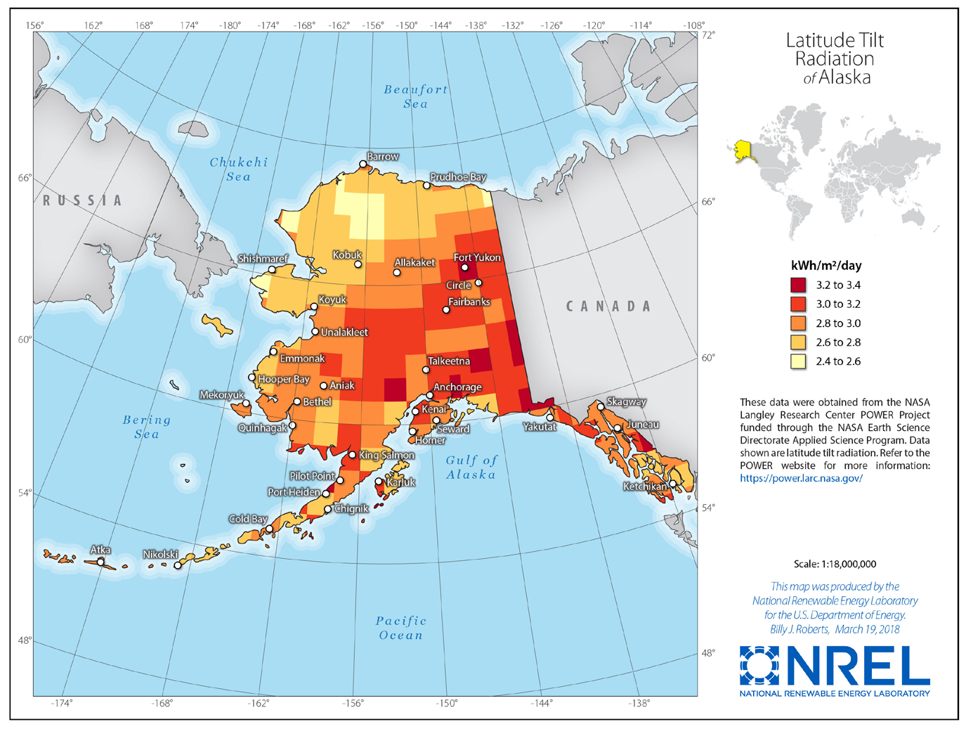 Global radiation measured at the tilt of latitude is used to create this insolation map 