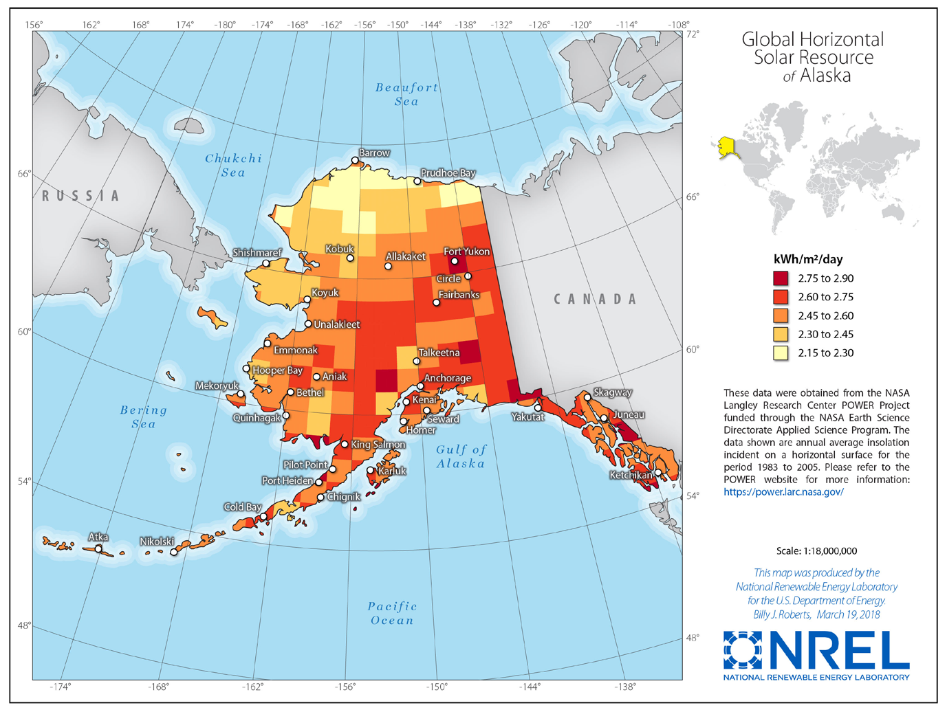 Global radiation measured on a horizontal plane is used to create this insolation map of Alaska