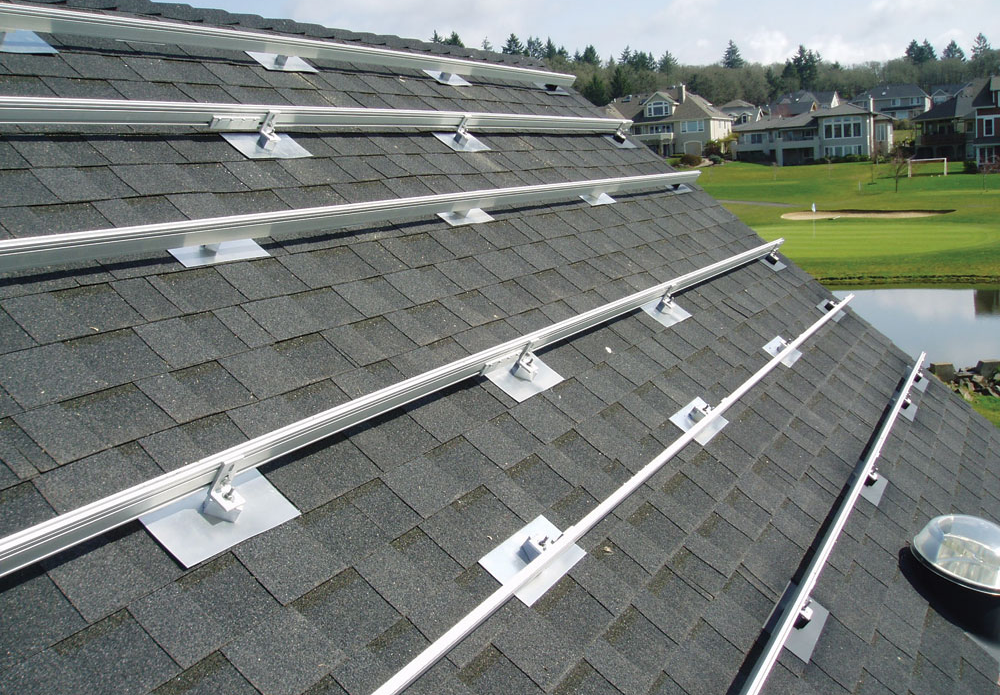 A roof-mounted racking system before the PV panels are installed. 