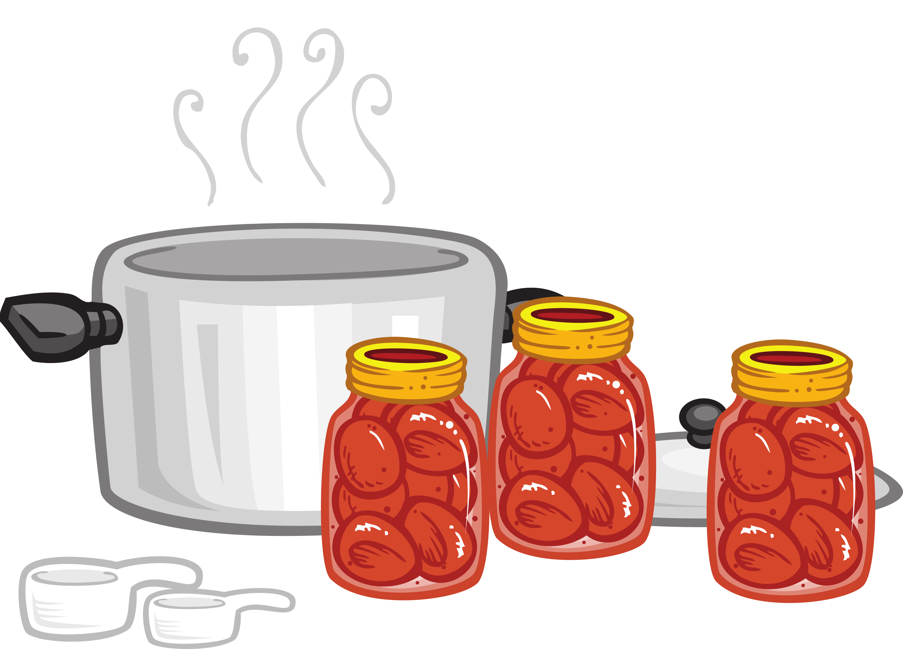 Pot and three jars of tomatoes