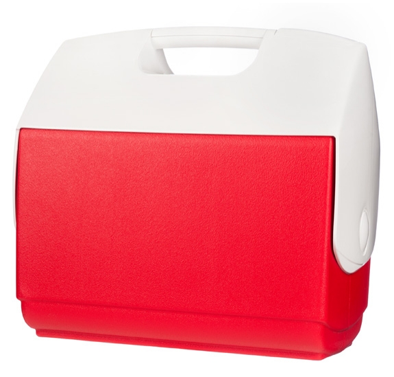 Red square container with a white lid and handle