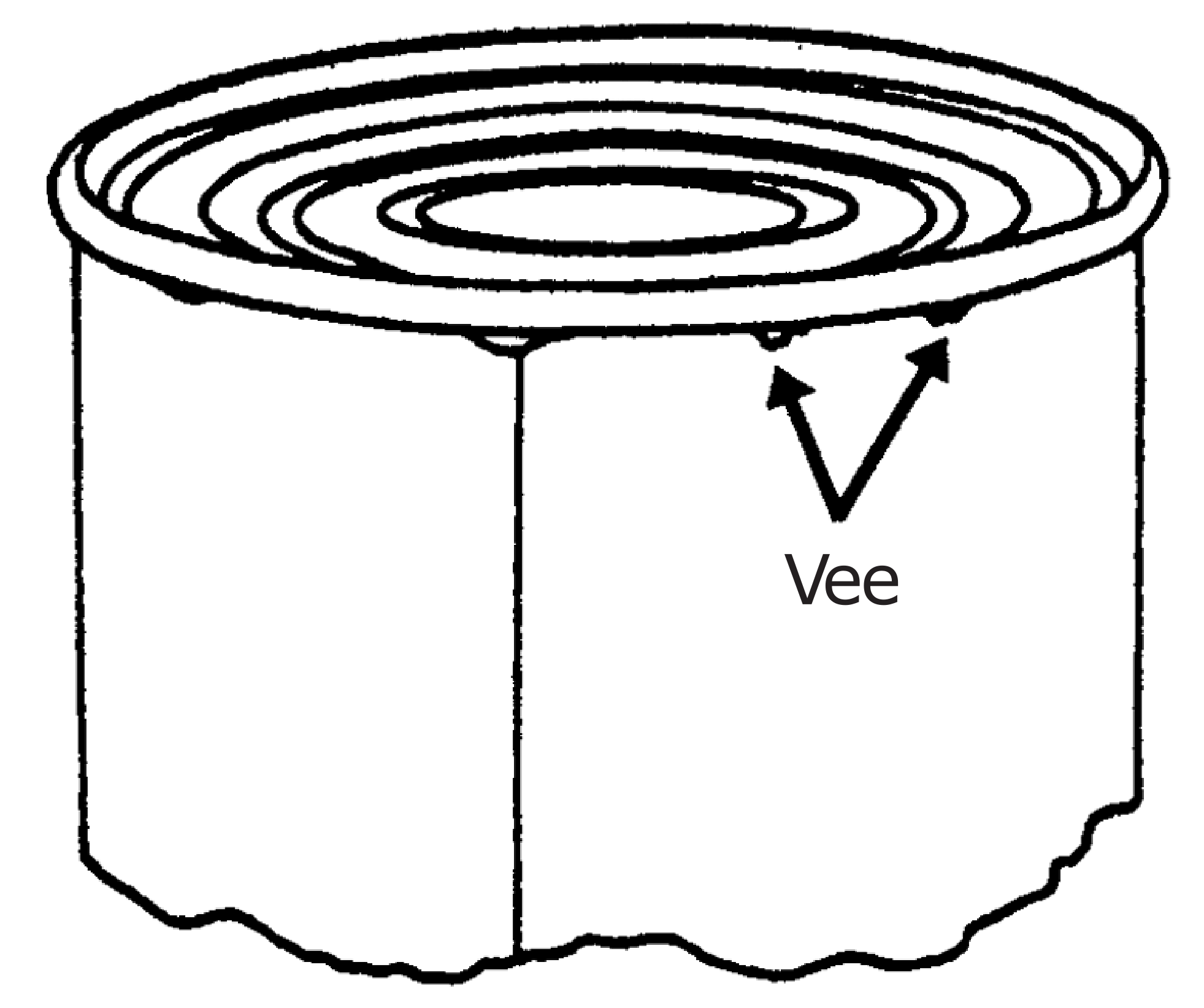 Cylinder with two arrows pointing at spots labeled vee