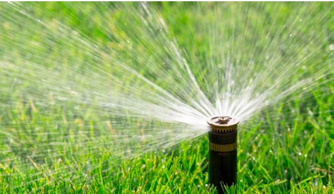 Tool spraying water upwards onto grass