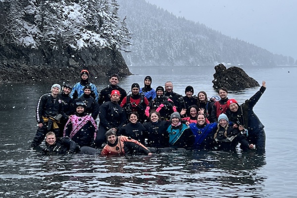 The 2024 scientific diving class poses in Kasitsna Bay. Photo: Brenda Konar.