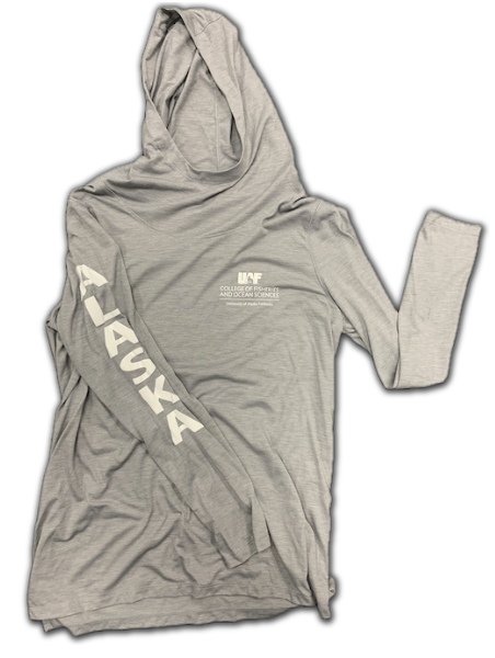 Lightweight CFOS logo Light grey or light blue lightweight hoodie with "Alaska" down the sleeve and CFOS logo on front