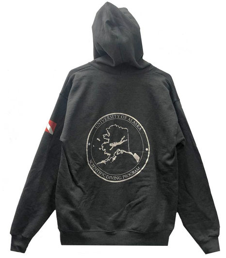 Scientific Diving Hoodie Dark grey hoodie with scientific diving logo on the back