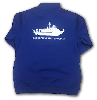 Sikuliaq half zipper sweatshirt Photo of the sikuliaq half zipper sweatshirt that is blue with an image of the sikuliaq on the back