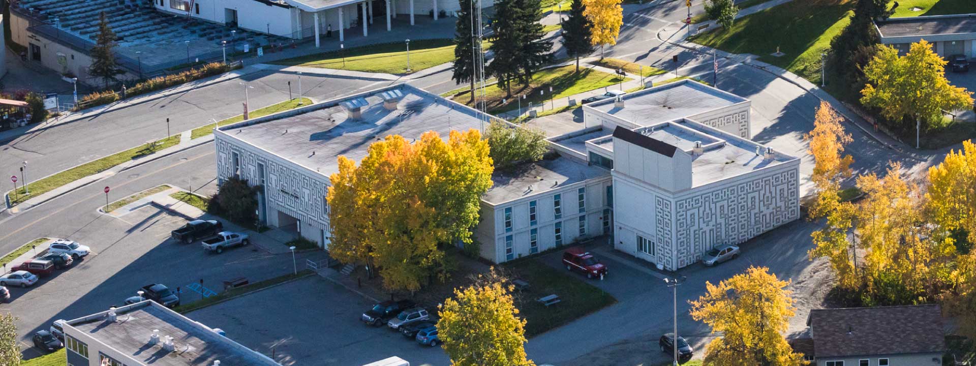 Autumn aerial view of the Whitaker Building where the Student Health and Counseling Center is located.