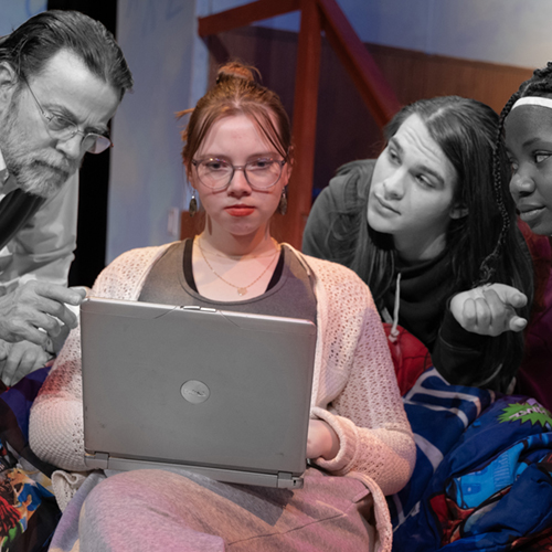 Hannah Greene, David Valentine, Fatima Conde and Clark Milstead on stage in the UAF Theatre and Film Department production of Tiny Beautiful Things. Photo courtesy of Maya Salganek