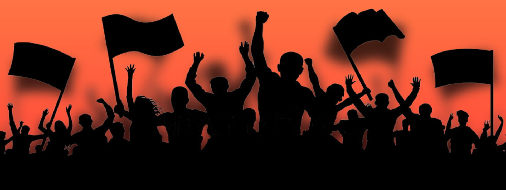 Silhouette of figures protesting on an orange background.