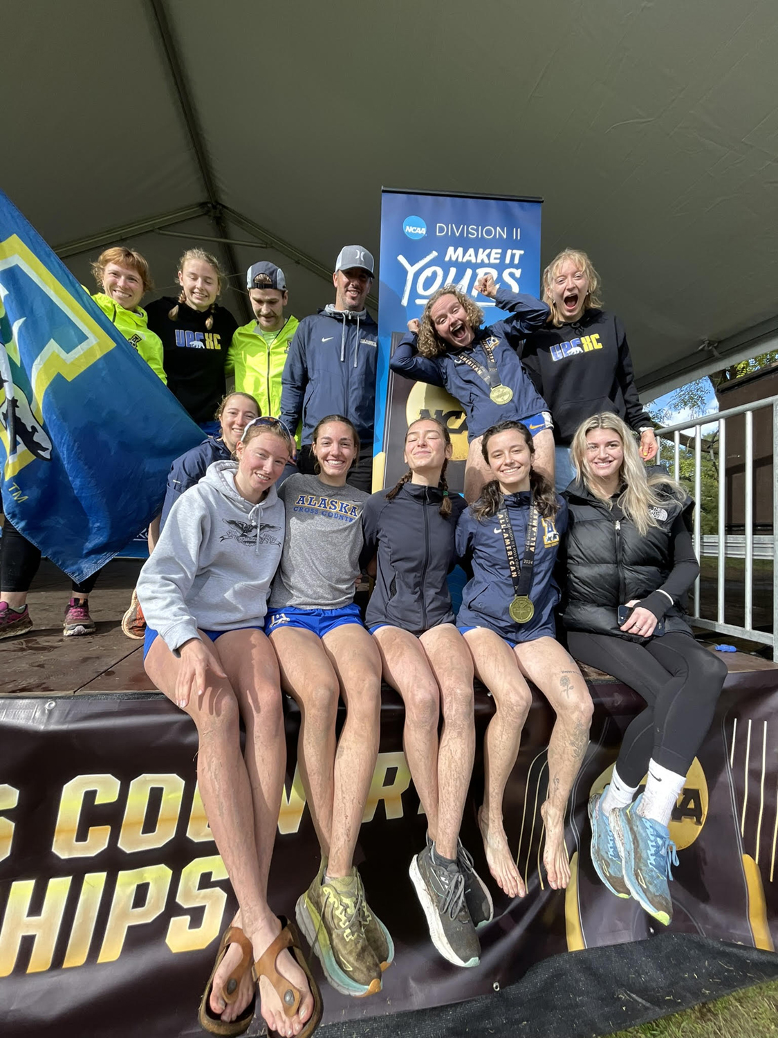 Pictured left to right: Eliska Albrigtsen (head ski coach), Maddie Schuh, Ben Buck (assistant ski coach), Conrad Haber (head xc coach), Rosie Fordham (top 10 finisher), Hazel Probst, Delainey Zock, Tabitha Williams, Teegan Silva, Lucca Duke, Kendall Kramer (runner up, 2nd place), Kate Brigham. The team placed 13th in the Nation for DII out of 34 teams. Photo courtesy of Hazel Probst