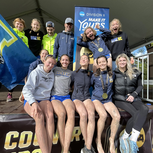 Pictured left to right: Eliska Albrigtsen (head ski coach), Maddie Schuh, Ben Buck (assistant ski coach), Conrad Haber (head xc coach), Rosie Fordham (top 10 finisher), Hazel Probst, Delainey Zock, Tabitha Williams, Teegan Silva, Lucca Duke, Kendall Kramer (runner up, 2nd place), Kate Brigham. The team placed 13th in the Nation for DII out of 34 teams.