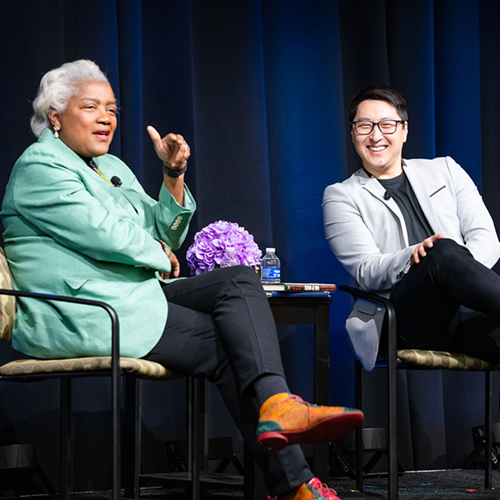 Political strategist Donna Brazile and political commentator and journalist Kurt Bardella on the stage during the 2024 Rancho Mirage Writers Festival. Photo credit: Jennifer Yount Photography.