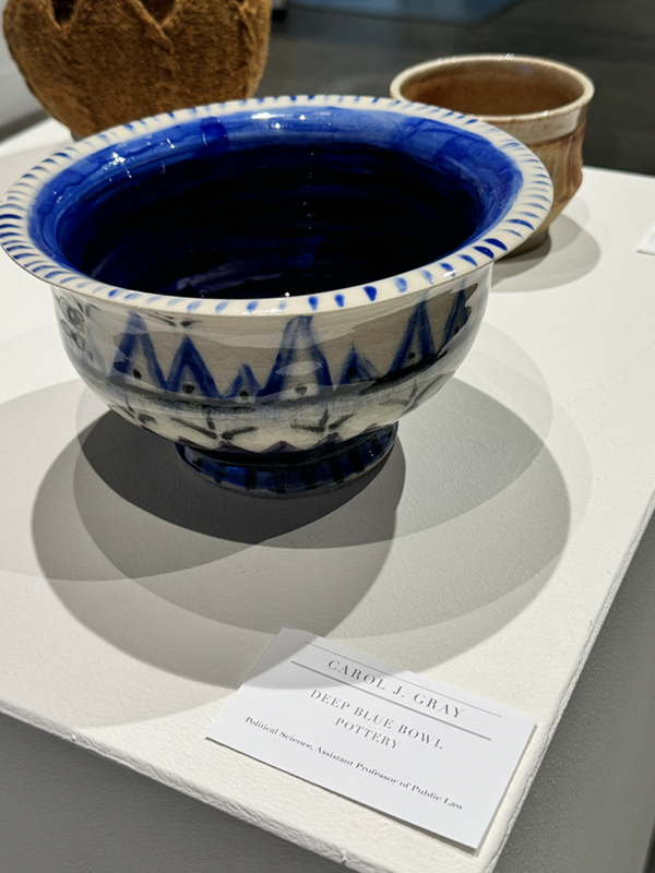 Blue and white ceramic bowl by Carol Gray. UAF Photo by Jamie Bennett