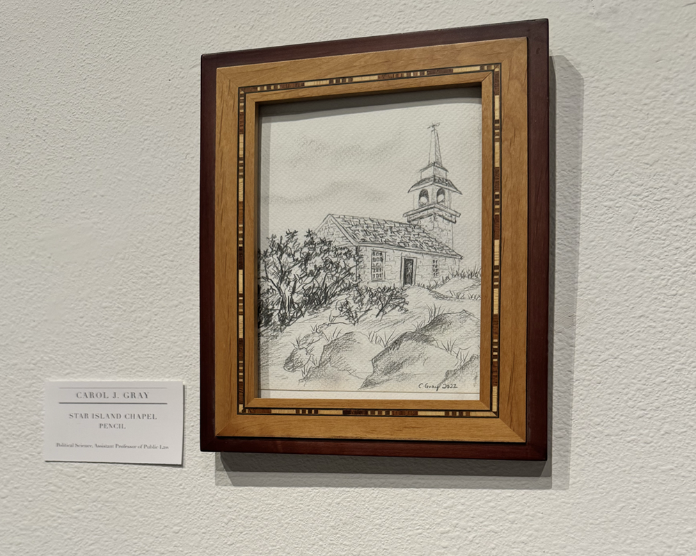 Pencil drawing of a chapel by Carol Gray. UAF Photo by Jamie Bennett