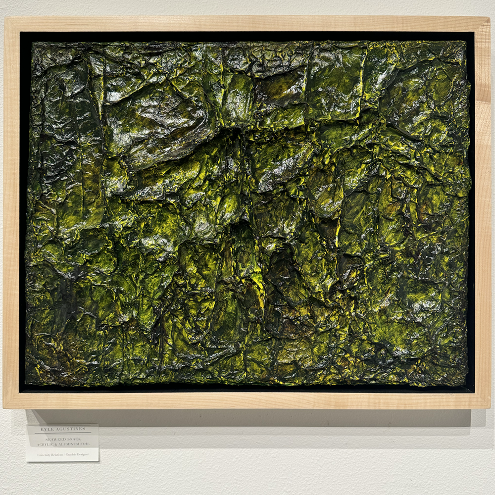 Textured green painting by Kyle Agustines. UAF Photo by Jamie Bennett