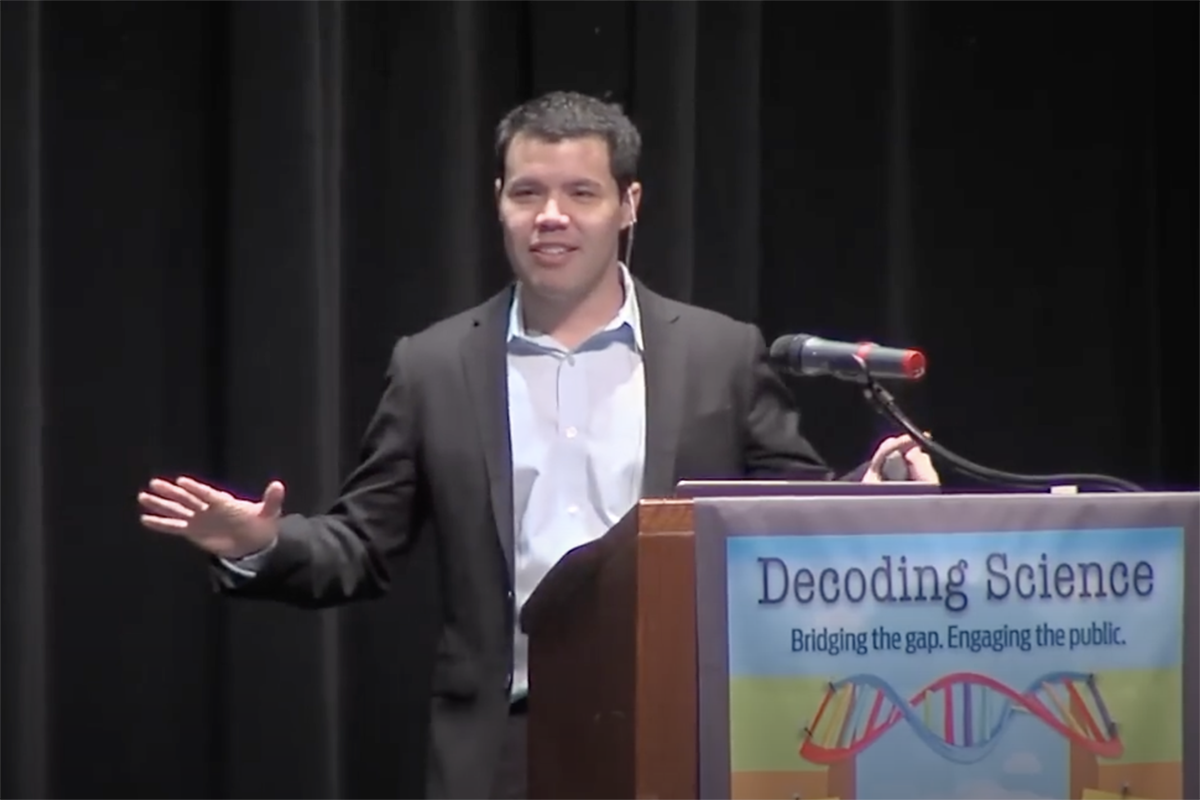 Screenshot of Chris Mooney from his presentation "Decoding Science" at the 10th annual MU Life Science and Society Symposium. Video posted on YouTube by Mizzou Visual Productions