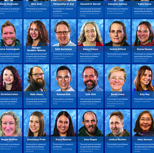 A grid of headshots of some of the 2023-2024 promoted and/or tenured UAF faculty