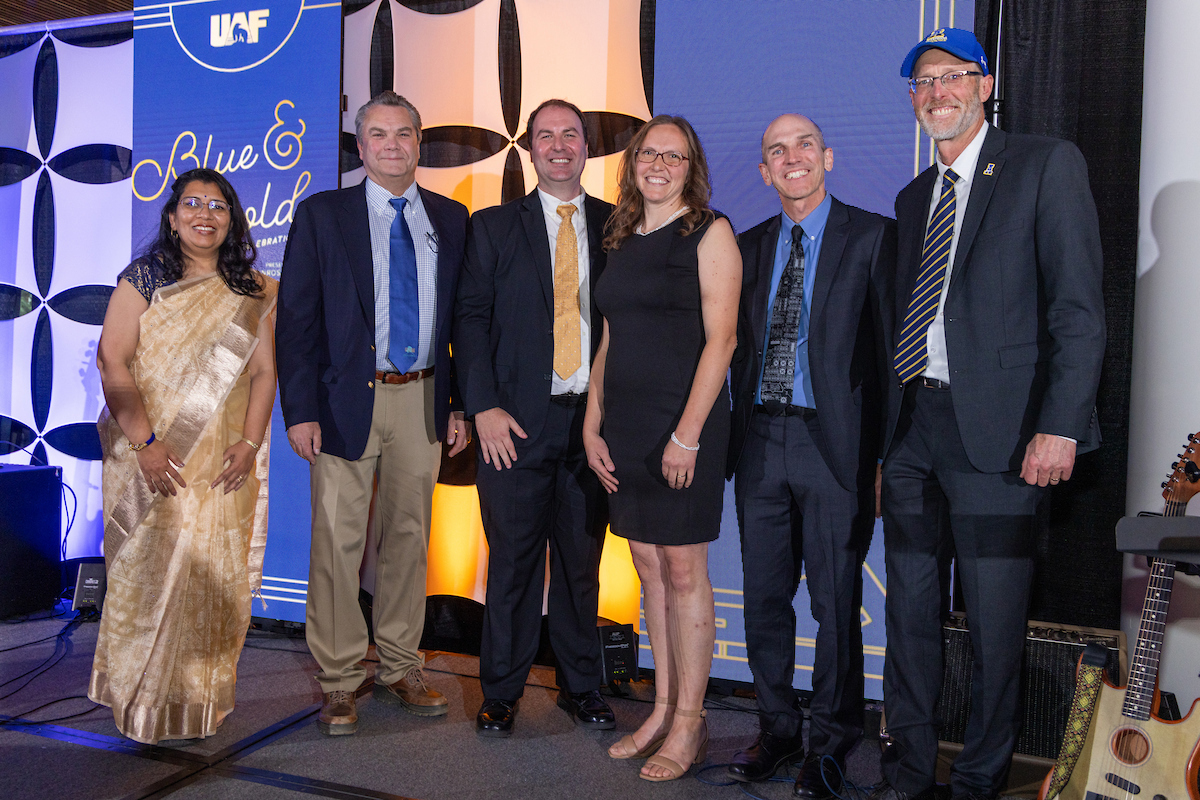 The Blue & Gold Banquet and Fundraising Auction at Dine 49 on the UAF campus Saturday, September 14, 2024. (L-R) Anupma Prakash, Joe Usibelli Jr., Brandon Boylan, Katie Spellman, William R. Simpson, Dan White. UAF Photo by Eric Engman