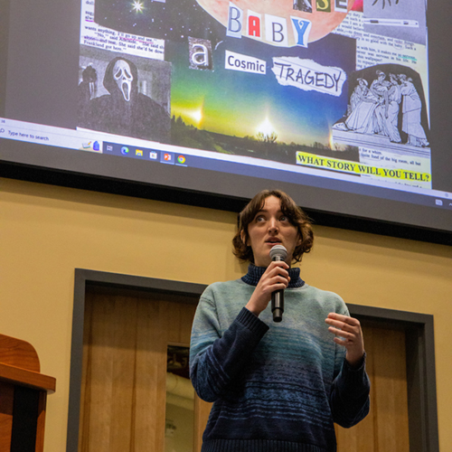 Graduate student Nora McIntyre presents her 3-Minute Thesis; Universe Babay, A Cosmic Tragedy on Friday, November 3, 2023 in the Schaible Auditorium. Three Minute Thesis (3MT®) celebrates the exciting research and scholarship conducted by graduate students around the world. Developed by The University of Queensland (UQ),  the competition allows students to share their work with a broad audience. 3MT promotes students’ academic and professional communication skills. UAF Photo by Marina Santos