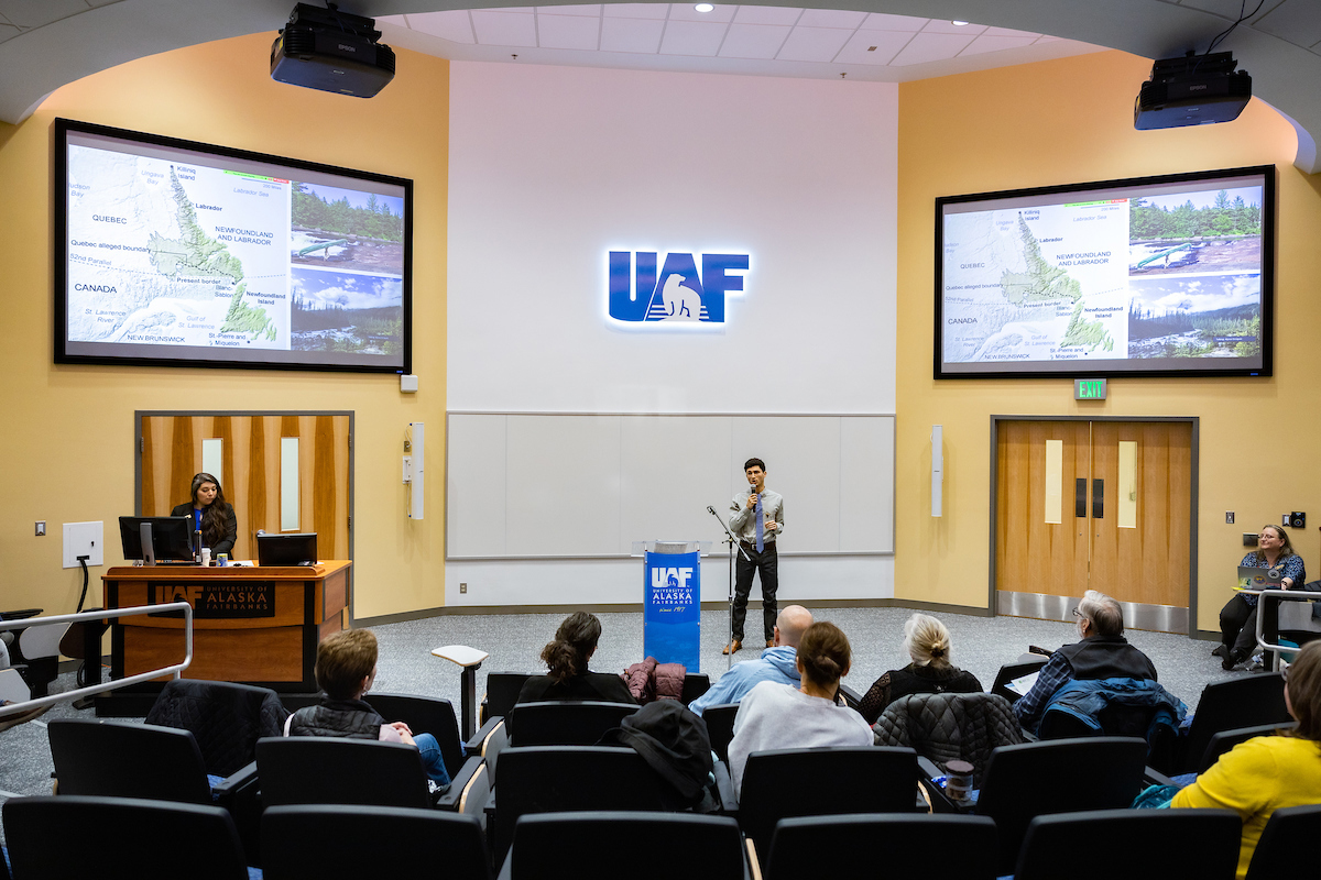 UAF Graduate Student, Aaron Salzman, won first place for his thesis presentation in the 2022 3-Minute-Thesis final, held at Schaible Auditorium on the lower UAF Troth Yeddha Campus, 11/3/22, (UAF Photo by Leif Van Cise)