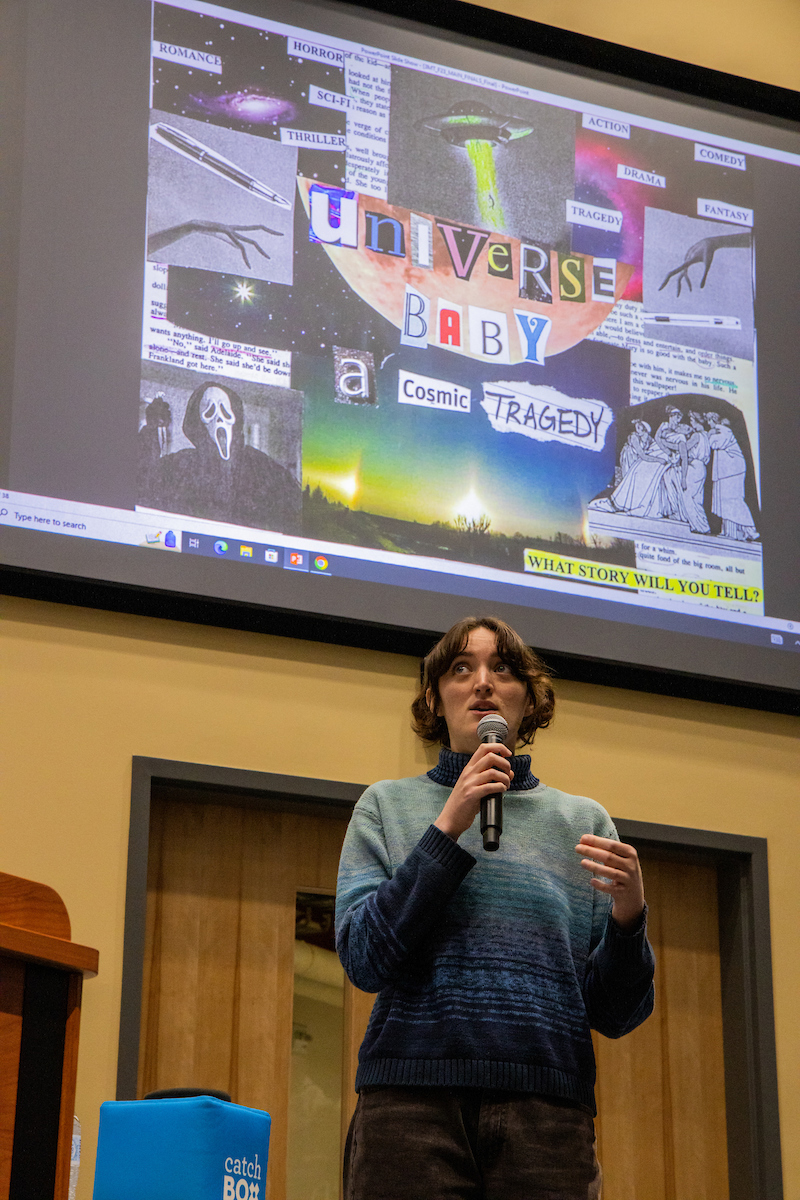 Graduate student Nora McIntyre presents her 3-Minute Thesis; Universe Babay, A Cosmic Tragedy on Friday, November 3, 2023 in the Schaible Auditorium. Three Minute Thesis (3MT®) celebrates the exciting research and scholarship conducted by graduate students around the world. Developed by The University of Queensland (UQ),  the competition allows students to share their work with a broad audience. 3MT promotes students’ academic and professional communication skills. UAF Photo by Marina Santos