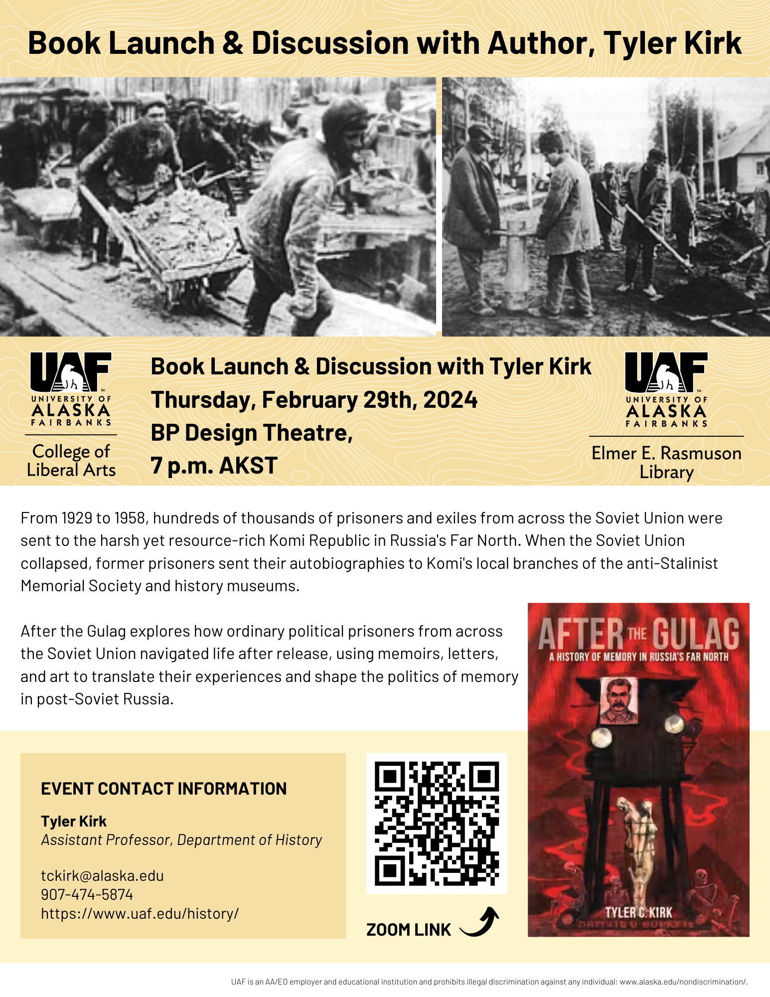 Poster advertising Tyler Kirk's book launch for After the Gulag. UAF image.