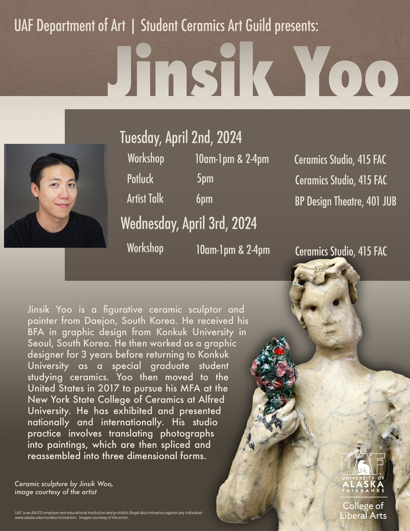 Poster advertising a lecture and potluck from visiting artist Jinsik Yoo. UAF image.