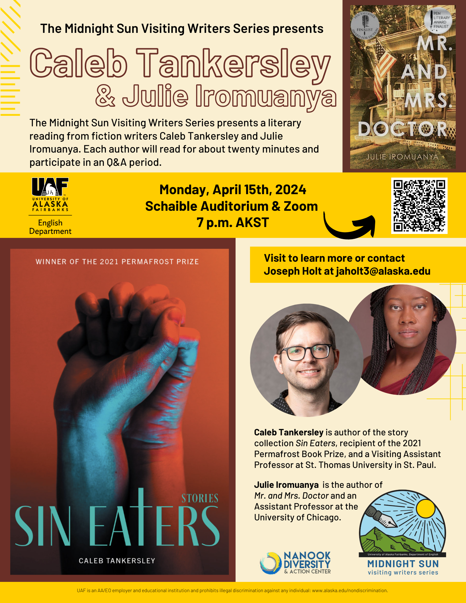 Event poster for the Midnight Sun Visiting Writers Series featuring the book covers and headshots of authors Caleb Tankersley and Julie Iromuanya. UAF image.