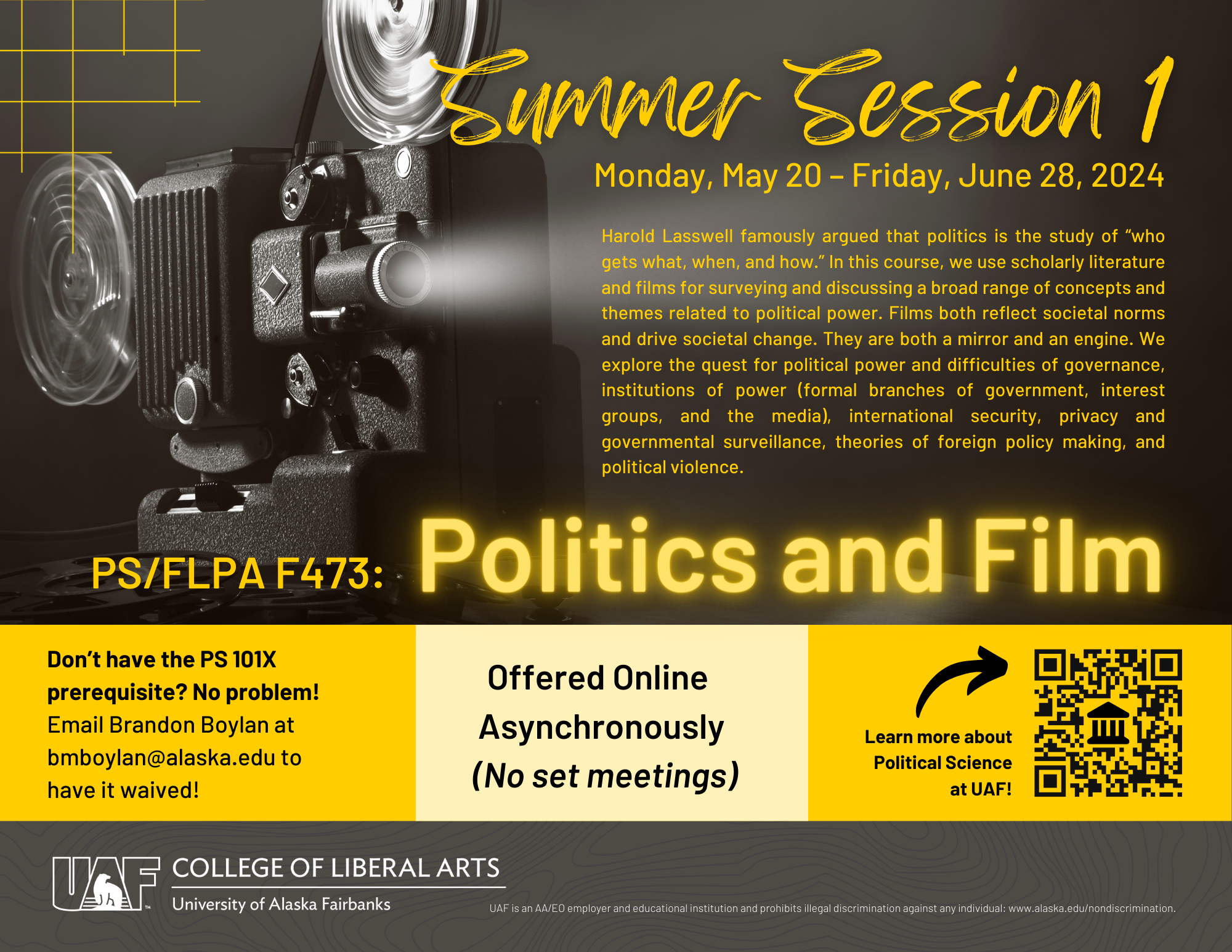 Flyer advertising PS/FLPA F473: Politics and Film. UAF image.