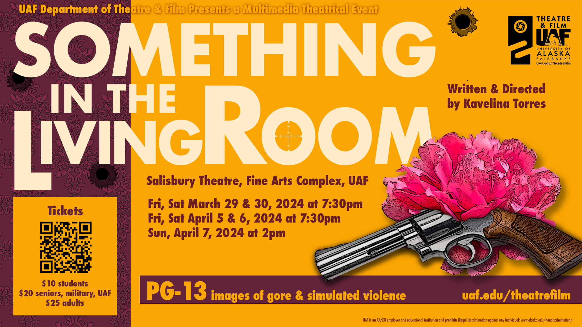 Web Banner for the 2024 Department of Theatre and Film production of Something in the Living Room. UAF image.
