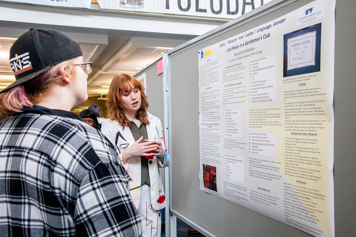 UAF student Meredith McMahon at the URSA Research and Creative Activity Day at the Wood Center, on April 6, 2023. UAF Photo by Marina Santos